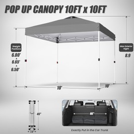 PHONWHON Shades 10x10 Pop Up Canopy with One Push Setup,Heavy Duty Beach Tent with Wheels for Easy Moving, Sun Shelter for Parties,Events, Outdoor Gazebo with 420D Coated Waterproof Grey Fabric