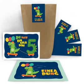 6 Invitation Cards for 5th Children's Birthday Boys Girls Dinosaur Invitations with 6 Envelopes, 6 Bags / Natural, 6 Stickers