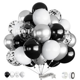 Haolongfa Black and Silver Balloons,12 Inch 60pcs Black White Silver Confetti Balloons,Metallic Silver Latex Balloons for Graduation Birthday Anniversary Wedding Party Decorations