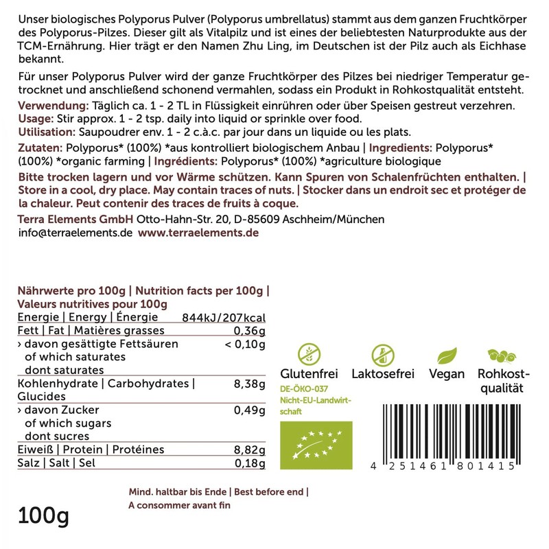 Terra Elements Bio Polyporus Pulver 100 g I Zhu Ling