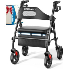HOMLAND Foldable Rollator Walkers with Seat for Seniors, 8'' Big Wheels, 350 lb. Weight Capacity, Adjustable Handles and Seat Height, Lightweight Rolling Walker, Black