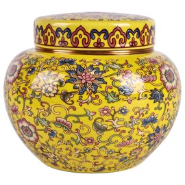 XINGYAN Chinoiserie Enamel Ginger Jar with Twist Lid, Round Design, Available in Blue, Yellow, Red - Chinese Porcelain-Inspired Design (Round Yellow)