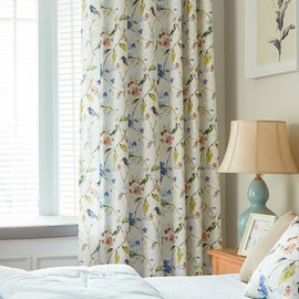 VOGOL Birds and Floral Curtains, Blue Printed Pattern Design, Light Filtering Grommet Header Durable Easy Care Drapes for Living Room Bedroom Office, 52×84, 1 Panel