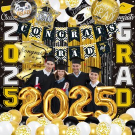 Graduation Decorations Class of 2024, 116 PCS Black and Gold Graduation Decorations with 2024 Balloons, Congrats Grad Banner, Photo Booth Props, Door Banners,Foil Fringe Curtain, Graduation Balloons