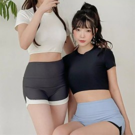 반팔 반바지 크롭타 래쉬가드 세트 2cm 패드내장 가리개 남녀공용 [2406 수영복_블랙_M] Short Sleeve Short Pants Crop Top Rash Guard Set with 2cm Pads Unisex [2406 Swimwear_Black_M]