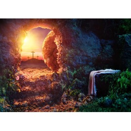 Resurrection of Jesus Cross Backdrop BELECO 8x6ft Fabric Easter Backdrop Holy Lights Mountain Sunrise Cave Tomb Jesus Crucifixion Shroud Photos Church Events Backdrop Religious Belief Background