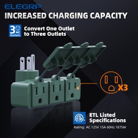 ELEGRP 3-Prong Weatherproof 3-Outlet Extender Adapter, Heavy Duty Triple Grounding Outlet Power Extender with Dust-proof Cover, Indoor/Outdoor Use, ETL Listed, 1 Pack, Green