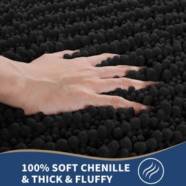 Yimobra Bathroom Rugs Sets 3 Piece, Fluffy Plush Chenille Baht Room Mats Sets with Toilet Rug U Shaped, Soft Shaggy Absorbent Non Slip Shower Rug for Sink, Laundry Room Mat, Machine Washable, Black