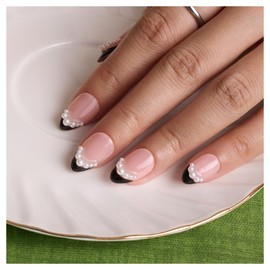 Black French Tip Press On Nails Short Almond Shaped with 3D Pearl Design,MOKAYIMO Handmade Acrylic Reusable Press On Nail Kit with All Tools for Girls Women 45-Day Wear,Salon Quality,10 Pcs,Size M