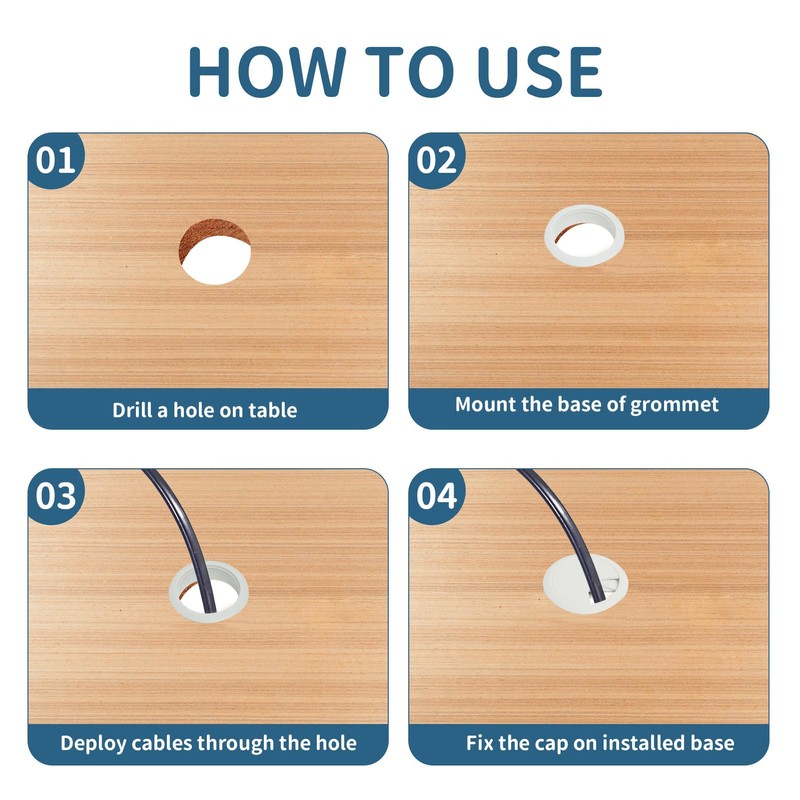 Pack of 6 White Cable Grommets for Desk, 50 mm