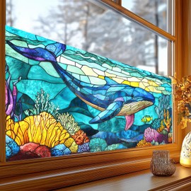 BlissYard Window Privacy Film Stained Glass Window Decorations 39.3×17.7 Inchs Ocean Scene Pattern Non-Adhesive Static Cling Glass Covering Sticker for Home Office Bathroom and Living Room