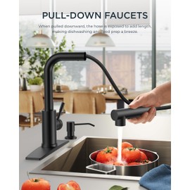 FORIOUS Black Kitchen Faucets with Soap Dispenser, Kitchen Faucets with Pull Down Sprayer, Commercial Kitchen Sink Faucet for 1 or 3 Hole, Single Handle Pull Out Faucet for Sink RV Bar Laundry Room
