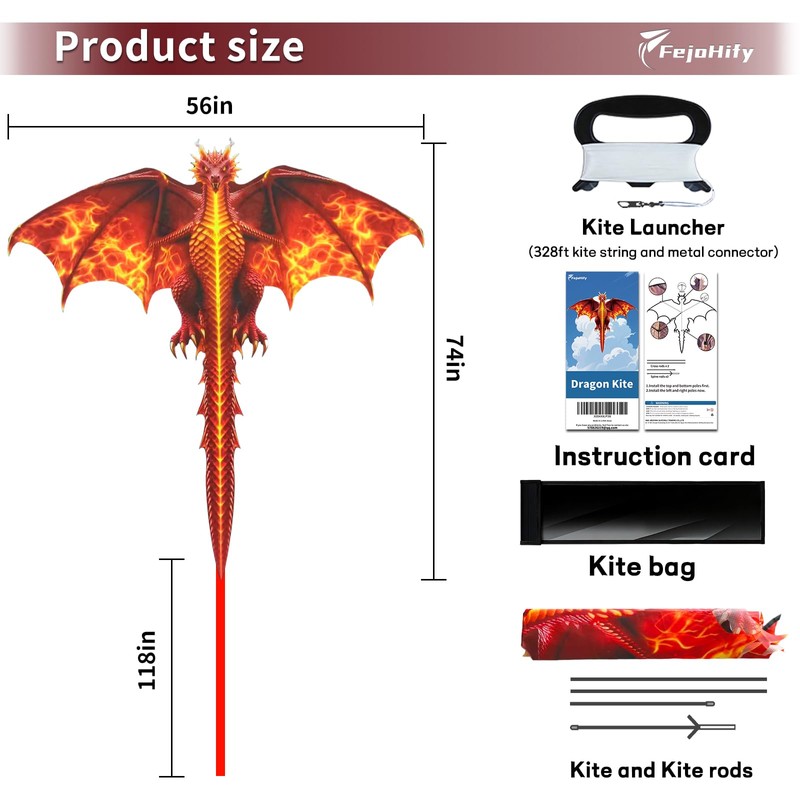 FejoHify Large Dragon Kite for Kids and Adults, Easy to
