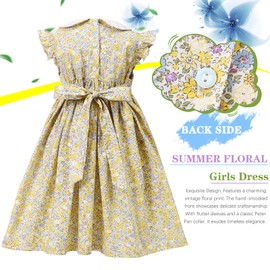5T Dresses for Girls Tea Party Dresses for Girls Smocked Vintage Yellow Floral Dress Flutter Sleeves Cotton Cute Toddler Girl Clothes Summer Easter Birthday Outfits Kindergarten Graduation Dress