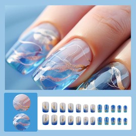 24 Pcs Blue Ombre Press on Nails Medium Square - SHANRUN Fake Nails Press ons Nail Art Tips Glue on Nails Full Cover False Nails with Gold Foil Stripes Design Stick on Nails Acrylic Kit for Women