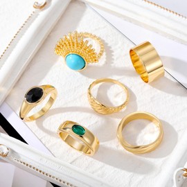 IS4U Chunky Green Gemstone Ring Set for Women Vintage Adjustable Geometry Rings Statement Wave knuckle Rings Simple Classic Jewelry Set (Gold1)