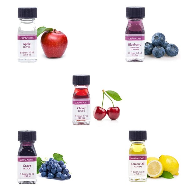 Lorann Oils Super Strength (Apple, Blueberry, Cherry, Grape and Lemon oil) Variety Pack of 5 with free 1 dram Dropper.