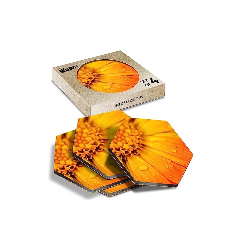 4 x Hexagon Coasters - Orange Marigold Flower Cork Backed