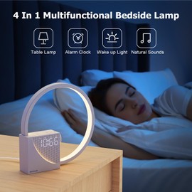 Bedside Lamp with Alarm Clock, USB Charging Ports, Touch Dimmable, Wake Up Light with Two Alarms, 10 Natural Sounds for Adults and Children, 3 Levels Brightness for Bedroom, Living Room, Office