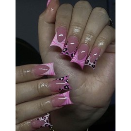 Duck Press-on Nails, Pink Leopard Design 24pc with Clear Display Case, Nail Glue, File, and Adhesive Tabs