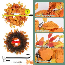 Wellsign Fall Decor, 19 Inch Fall Wreaths for Front Door Outside, Autumn Wreath with Hanger Thanksgiving Decorations for Home Porch Wall Window Party Decor Indoor Outdoor