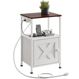 WLIVE End Table with Charging Station, Farmhouse Nightstand with 2 Tiers Storage Space and Cabinet, Sofa Side Tables for Living Room, Bedroom, Office, Small Spaces, White