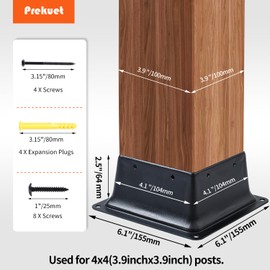 4" x 4" Post Base, 1 Pcs Post Brackets Inner Size 3.9"x3.9" Wood Fence Post Anchor Heavy Duty Powder-Coated Steel Post Bracket for Wood Deck Porch Railing Pergola Mailbox Support (1 Pcs)