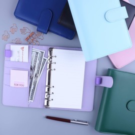 HAUTOCO PU Leather A6 Budget Binder Cover, Refillable 6 Ring Notebook Folder Personal Planner for Money Organiser, Loose Leaf Money Saving Wallet Cash Stuffing Binder, Purple