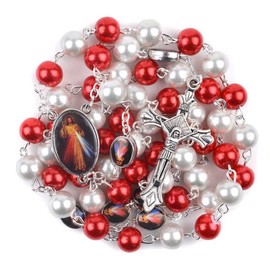 CATHOLIC TOWN CT Catholic Town Rosary Necklace Divine Mercy centerpiece & Cross Crucifix (ROSGPDM-WR), Metal, not-applicable, Red / White
