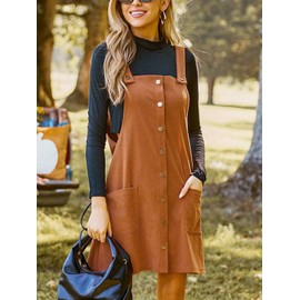 CUPSHE Casual Dresses for Women Square Neck Button Front Sleeveless Pockets A Line Mini Overall Dress Orange, M