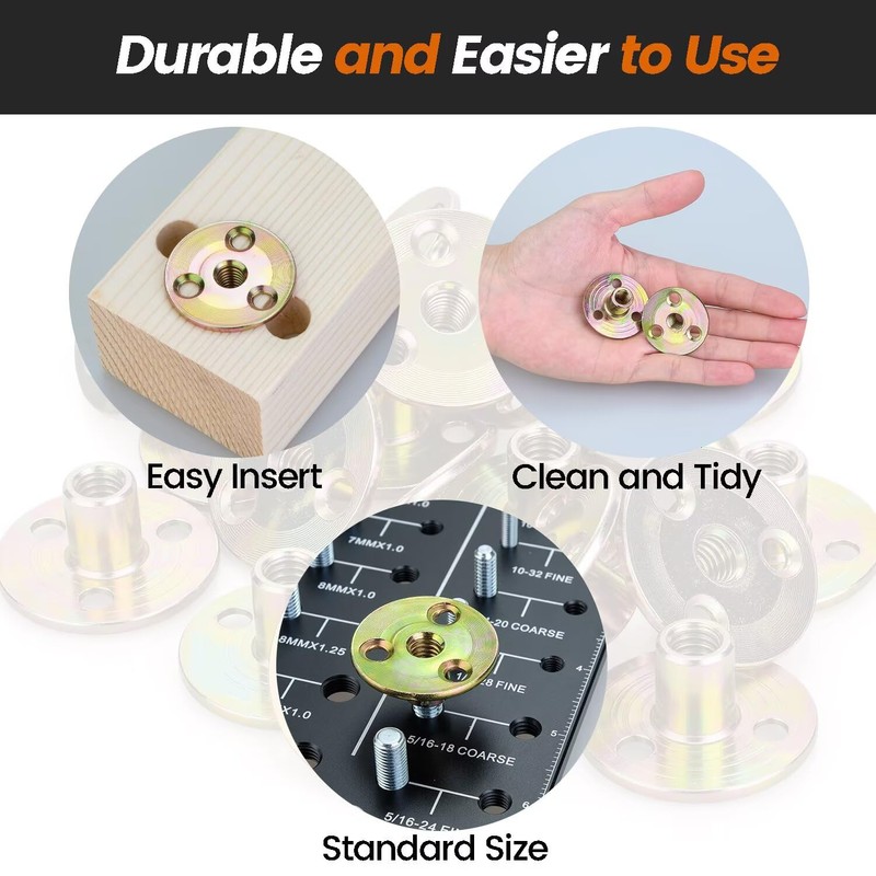 20 pcs 3/8"-16 Carbon Steel Round Base T-Nuts, Heavy-Duty Flange