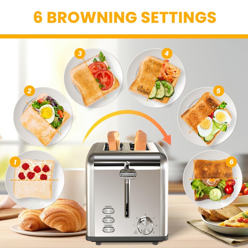 Simple Deluxe 2-Slice Toaster, Stainless Steel Toaster, 6 Browning Setting