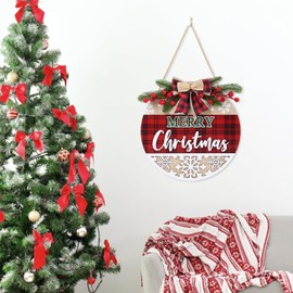 CHDITB Merry Christmas Front Door Wreath,3D Christmas Sign,Wooden Welcome Xmas Wall Wreath,Red Xmas Wreath Hanger Decorations,Red Plaid Snowflakes Rustic Xmas Wall Decor for Home Winter Party