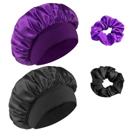 Satin Night Hat with Elastic Bands and Hair Cards,Satin Bonnets,Night Sleep Cap,Elastic Sleep Bonnet Bath Cap for Women,Black + Purple