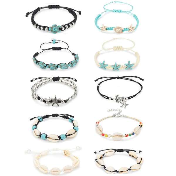 LOYALLOOK 10PCS Shell Turtle Ankle Bracelets Handmade Boho Anklet Jewelry