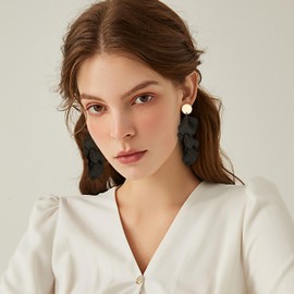 FIBO STEEL Flower Dangle Clip on Earrings for Women Acrylic Long Tassel Rose Petal Clip Earrings Non Piercing Boho Resin Black Statement Floral Drop Earrings