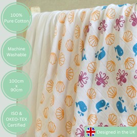 MuslinZ 6pk Baby Muslin Squares Burp Cloths Dribble Cloth Breastfeeding Cover 70x70cm 100% Pure Cotton Absorbent & Breathable (Sealife)