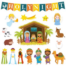 Whaline 81Pcs Christmas Bulletin Board Decoration Kit Xmas Nativity Bulletin Board Set Cartoon Holy Night Paper Cutouts with Glue Points for Classroom Office Home Decoration