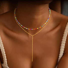 Decholly Lariat Gold Necklaces for Women, Dainty Long Necklace 18K Gold Plated Y-Shaped Necklace Trendy Layered Bar Colorful Beaded Chain Necklaces Simple Gold Jewelry for Women Gifts