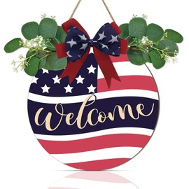 Aurlan 4th of July Door Hanger,Fourth of July Welcome Sign,Independence Day Wall Decoration,Patriotic American Flag Bow Decor for Front Door,Red White Blue Star Sign for Home Outdoor Porch Yard Office
