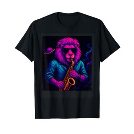 Lion Playing Saxophone Outer Space Vaporwave Jazz Galaxy T-Shirt