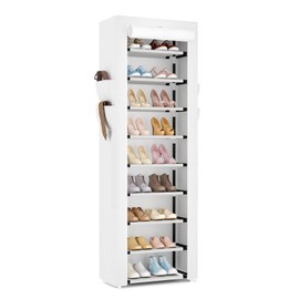 VILICK Shoe Rack with Cover Narrow Shoe Rack Organizer with 4 Side Pockets 10 Tier Tall Shoe Storage Shoe Shelf Holds 18-22 Pairs Shoes and Boots Shoe Rack for Closet, White