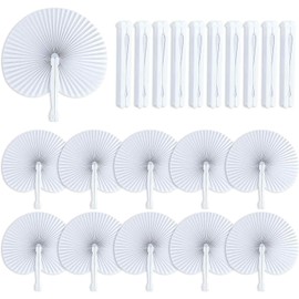 LATERN 72Pcs Folding Paper Fans, 25CM Round Paper Fans Chinese Handheld Fans White Wedding Fans with Plastic Handles for Summer Wedding Birthday Party DIY Favours Travel