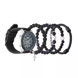 American Exchange Men's Black Silicone Analog Watch 47mm with Bracelets Set