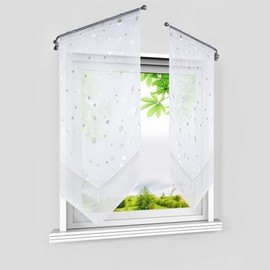 HeichkelL Voile Net Curtain with Silver Circles Bistro Curtains Set of 2 Panneaux Double Layer Short Curtain Modern Kitchen Curtain with Tassel White W x H 60 x 90 cm Pack of 2