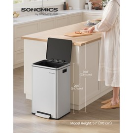 SONGMICS Trash Can, 13-Gallon Gabbage Can, with 15 Trash Bags, Steel, with Soft-Close Lid, Removable Inner Bucket, Handles, Silver ULTB595E01V1