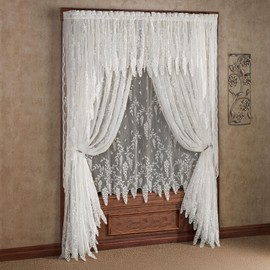Luxury Sheer Polyester Wisteria Arbor Lace Window Treatment | 6 Piece Set: Two Insert Valances, 63L Swag Pair, 63L and 84L Panels | Classic Flower | White | Rod Pocket | Machine wash | Light Filtering