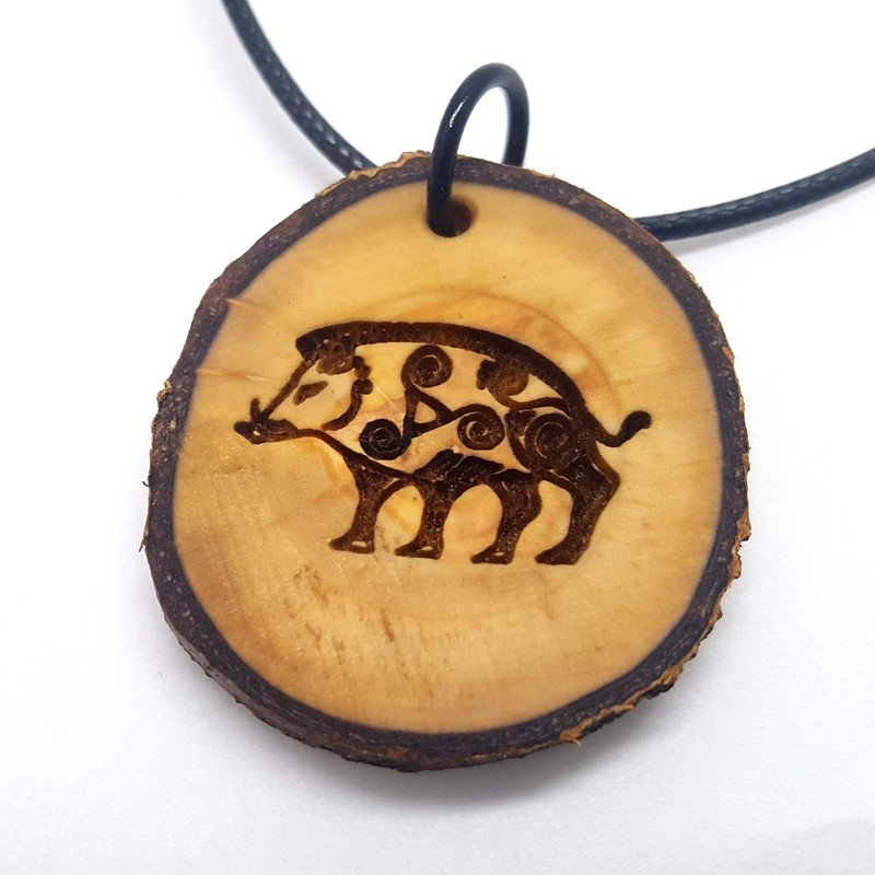 Celtic Boar Wooden Pendant Necklace – Engraved Wild Boar Animal