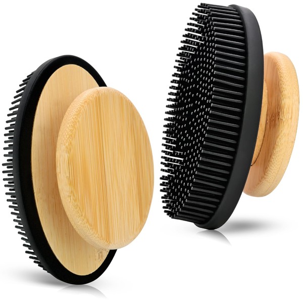 Ozner Soft Silicone Body Scrubber Shower Brush, Gentle Exfoliation, Non-Slip Bamboo Handle Silicone Loofah, Easy to Grip, Body Scrubber for Men,Durable and Easy to Clean, 1pc (Black)