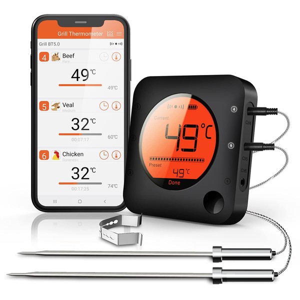 BFOUR Grill Bluetooth Thermometer Roasting Thermometer with Timer, 4 Temperature Sensors Probes Digital Grill Thermometer Backlight LED Display Instant Read.